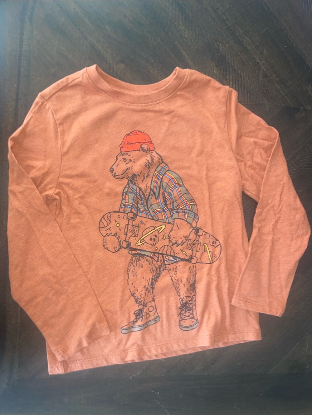 Cat & Jack Rust Orange Long-Sleeve Bear Skateboard Graphic Tee